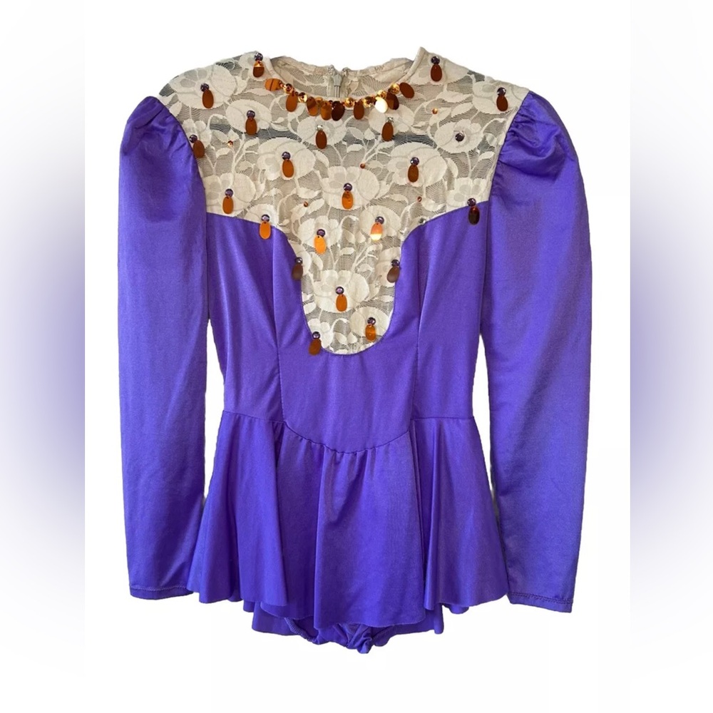 VTG Handmade Longsleeve Womens Leotard Lace Gemstone Beading M Ruffled Skirt